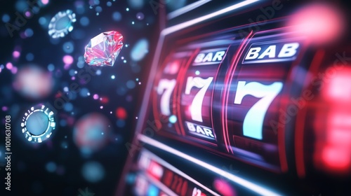 Colorful slot machine with sparkling gems and vibrant spinning reels in a cas...