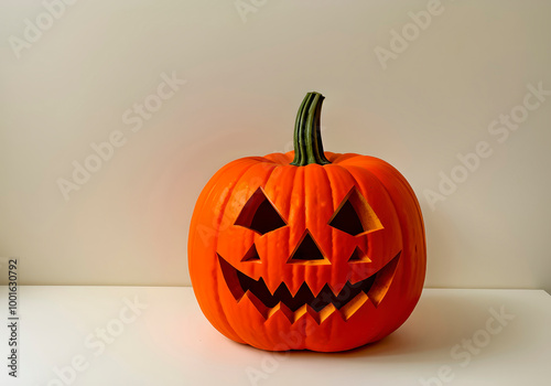 Carved Halloween Pumpkin Displayed Indoors With a Mischievous Grin and Glowing Expression photo