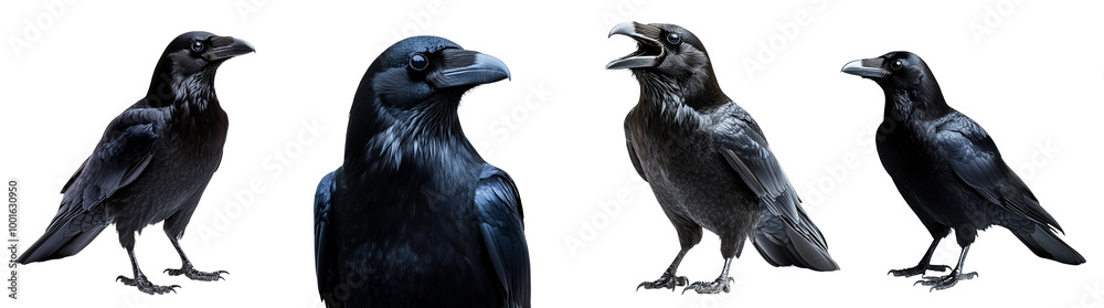 Fototapeta premium Realistic black ravens showcasing various poses and expressions transparent background