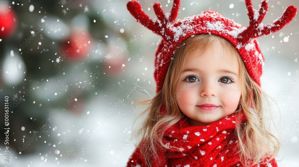 Cute girl in red winter attire with reindeer antlers, snowflakes falling. Cute girl in red winter attire with reindeer antlers, snowflakes falling.