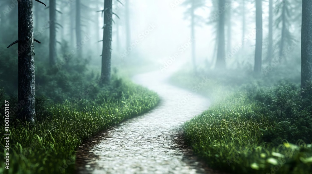 Obraz premium Misty forest path with drifting fog, enchanted ambiance, 3D illustration
