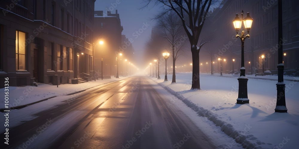 A snowy, deserted city street at dusk with streetlights casting a warm glow