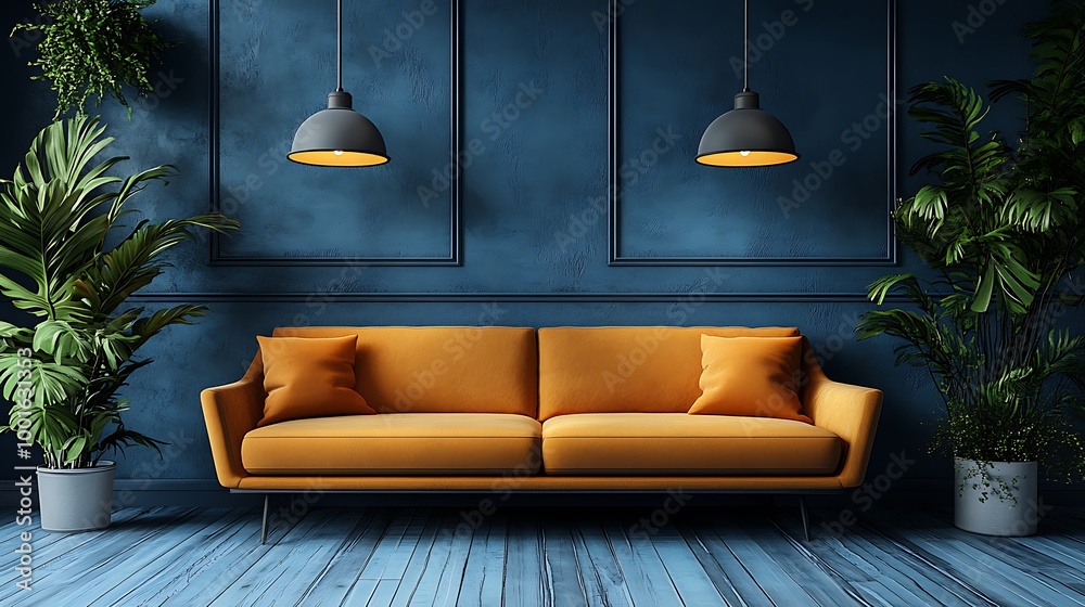 Obraz premium Minimalist Living Room Interior Design with Blue Walls, Yellow Couch, and Plants