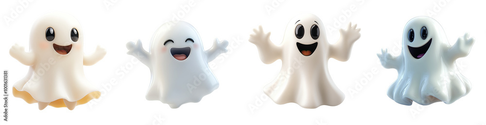 Cute cartoon ghost characters expressing emotions playful spirits transparent background Cute cartoon ghost characters expressing emotions playful spirits transparent background