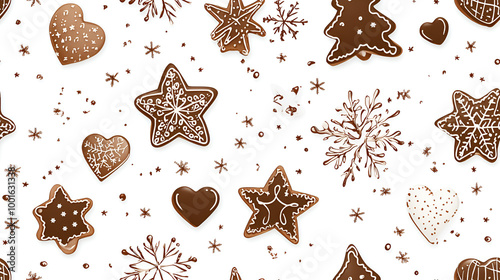 eamless pattern of festive gingerbread cookies and snowflakes on a light background with copy space photo