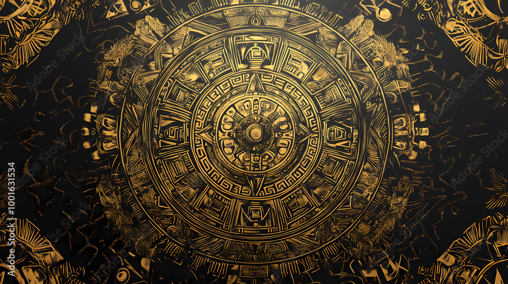Naklejka premium Intricate gold aztec calendar design. Aztec Calendar. Illustration