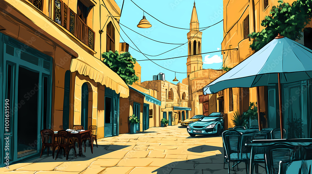 Obraz premium Lebanese mezze on a lively beirut street. Moorish Architecture. Illustration