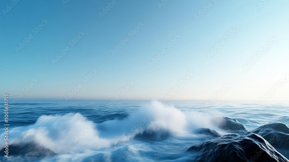 Fototapeta premium Ocean waves crashing against fog-covered rocks, misty spray, 3D illustration