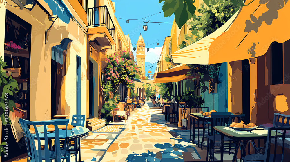 Obraz premium Lebanese mezze on a lively beirut street. Moorish Architecture. Illustration