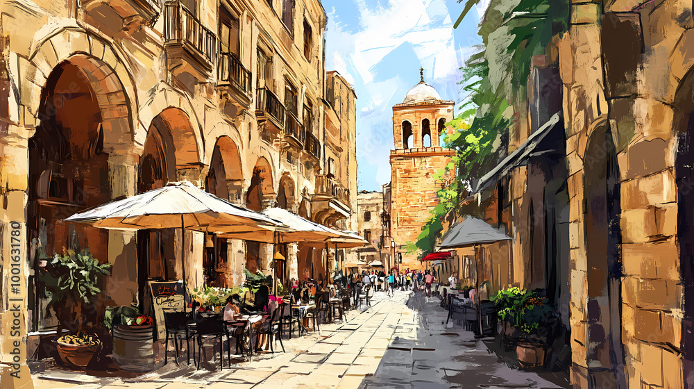 Fototapeta premium Lebanese mezze on a lively beirut street. Moorish Architecture. Illustration