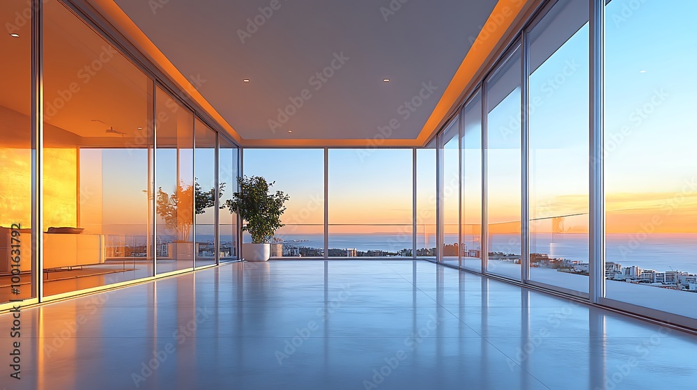 Fototapeta premium Luxury infinity pool with sunset view from panoramic windows of modern penthouse