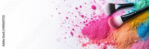 Colorful makeup brushes and powder pigments scattered on a white surface for ...