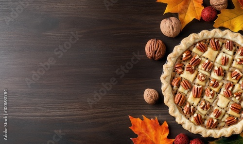 Delicious pecan pie surrounded by autumn leaves and seasonal decorations on a...