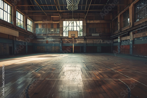 A basketball court is empty and the only thing in it is a basketball hoop.,