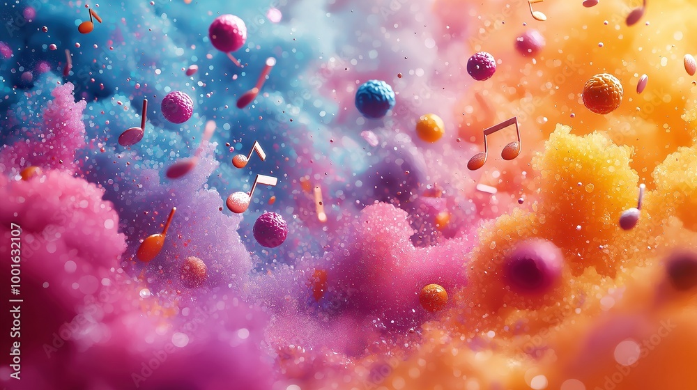 Musical notes cascade through a vibrant dreamlike sky Musical notes cascade through a vibrant dreamlike sky