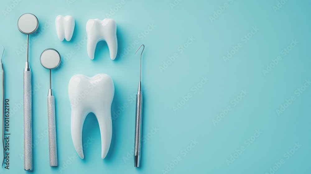 Dental tools and teeth models on a blue background, showcasing oral health. Dental tools and teeth models on a blue background, showcasing oral health.