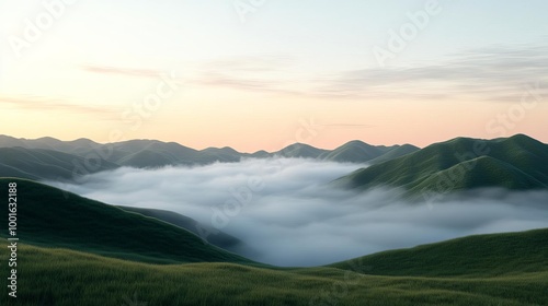 Peaceful landscape with drifting fog, rolling hills, 3D illustration