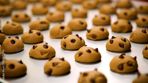 Freshly baked chocolate chip cookies on a sheet with glorious melting chocolate drops photo