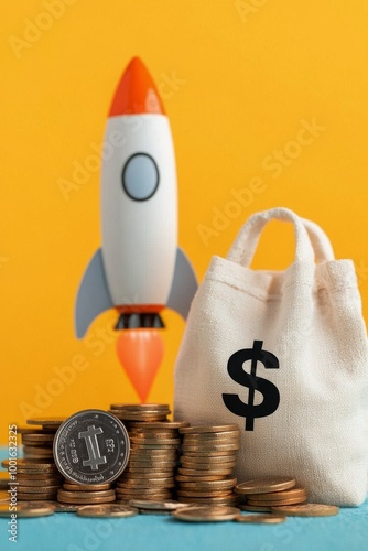 A mini rocket stands in a fabric bag beside stacks of coins, symbolizing inve...