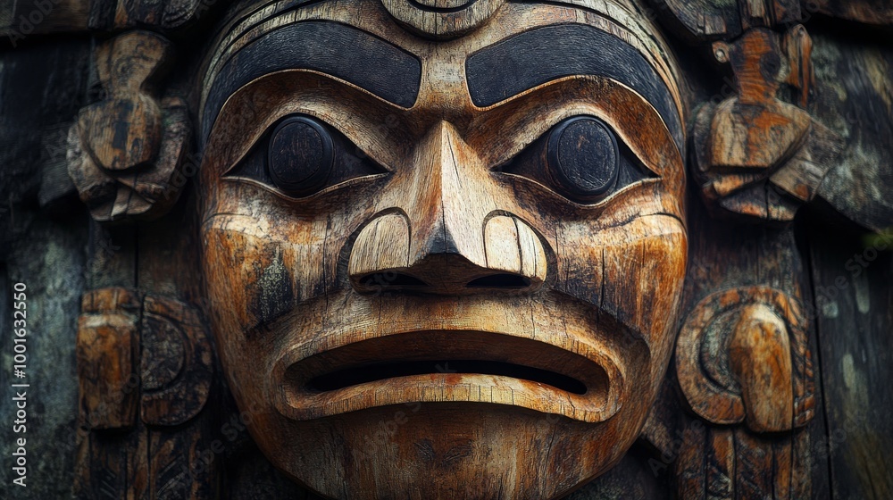 Naklejka premium Totem indian wooden mask background composition