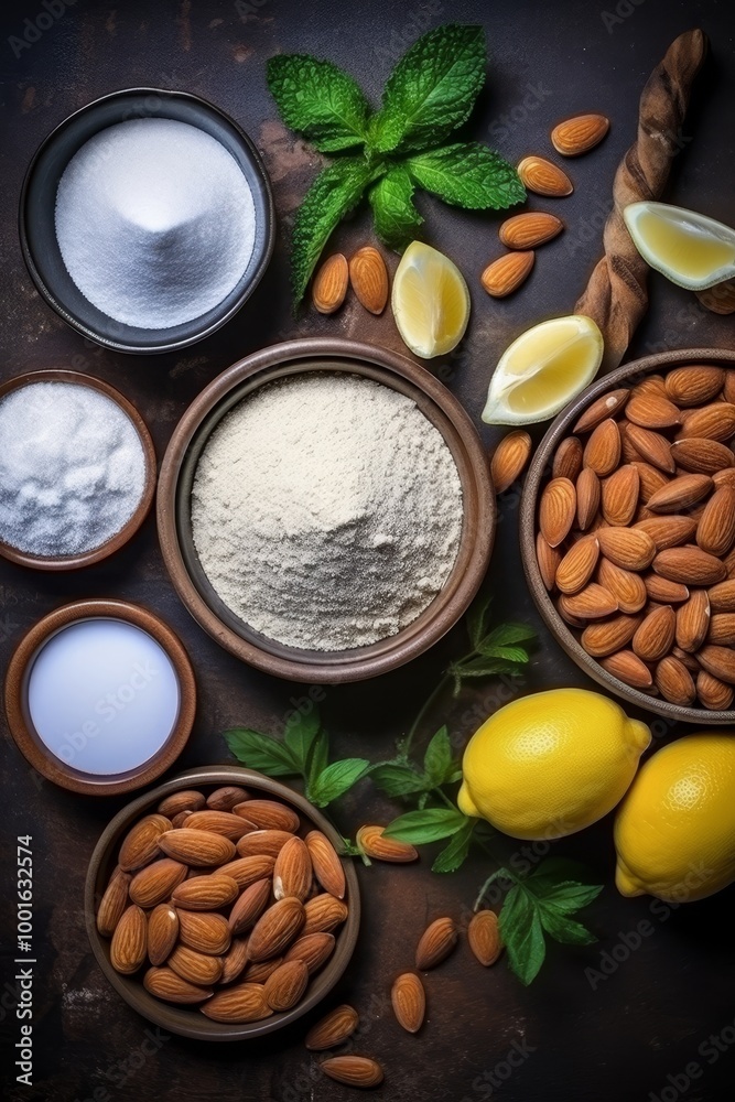 Assorted flour and spices arranged in saucers for home baking on a dark wooden table