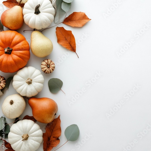 Colorful autumn arrangement of pumpkins, pears, nuts, and leaves on a light b...