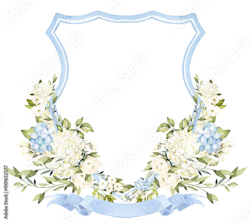 Foto Vintage Crests and Monograms with Light Blue White floral Watercolor illustratio