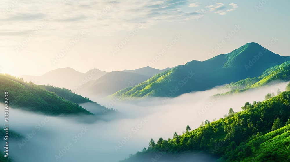 Fototapeta premium Rolling fog in a lush valley, morning dew effect, 3D illustration