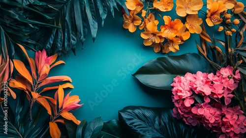 Tropical leaves and vibrant flowers on a teal background photo