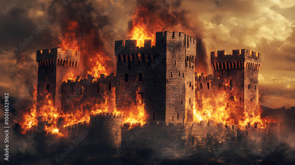 Naklejka premium Medieval castle engulfed in flames, smoke rising amidst fiery destruction, dramatic historical battle scene under a cloudy sky. Medieval Castle Siege. Illustration