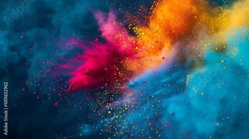 A dynamic splash of colorful dust paint on a dark blue backdrop, celebrating the joyous occasion of Holi