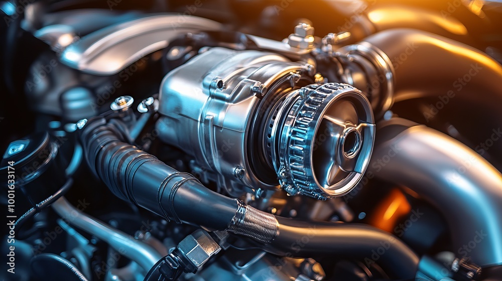 A turbocharger installed on a car engine to enhance power and torque drive performance A turbocharger installed on a car engine to enhance power and torque drive performance
