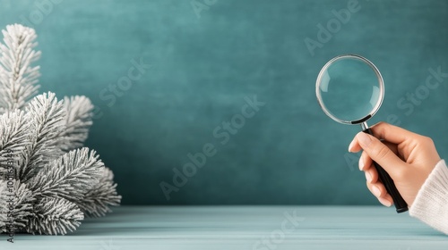 A hand holding a magnifying glass over a teal background highlighting focus a...