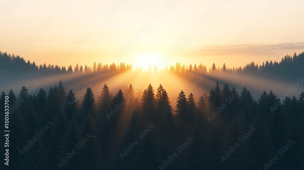 Obraz premium Sunset rays breaking through drifting fog in forest, golden glow, 3D illustration