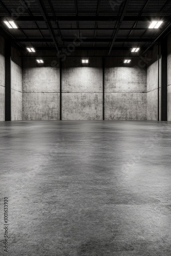 Spacious industrial hall with polished concrete flooring and ambient lighting...