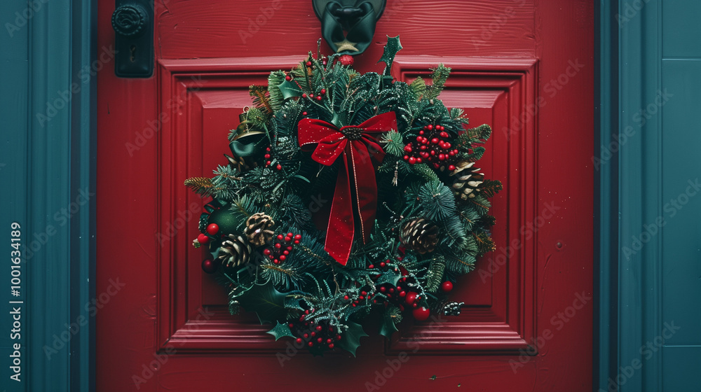 christmas wreath with ornaments on a wooden door christmas wreath with ornaments on a wooden door