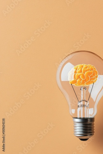 Unique light bulb design featuring a brain shape inside on a soft peach backg...