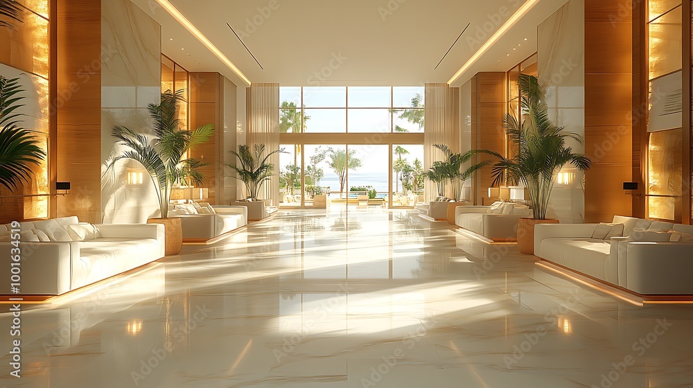 Fototapeta premium Modern hotel lobby interior design with white furniture and large windows overlooking tropical scenery