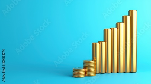 Gold coins and bars depict financial growth on a blue background.