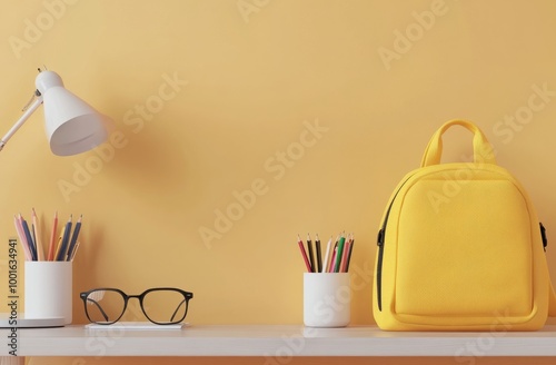 A bright yellow bag and desk accessories against a cheerful yellow wall in a ...