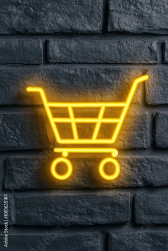 Neon shopping cart emblem glowing on a textured brick wall in an urban setting