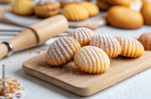 Freshly baked butter cookies dusted with powdered sugar on a wooden board in ...