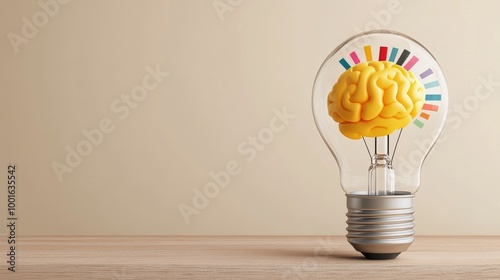 A creative light bulb with a colorful brain design symbolizing innovative ide...