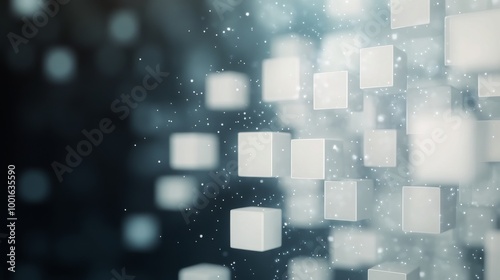 Floating white cubes in a soft light background with a dreamy atmosphere