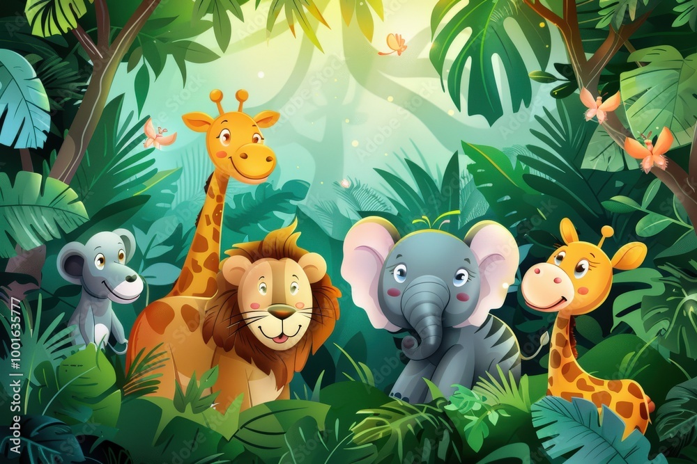 Fototapeta premium A group of animals in a jungle setting, including a giraffe, elephant, lion, generative ai image