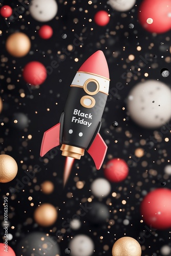 Exciting Black Friday promotion with a rocket design surrounded by colorful s...