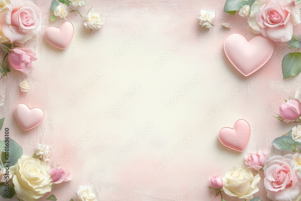 Romantic floral background with roses and hearts in soft pastel colors. Romantic floral background with roses and hearts in soft pastel colors.