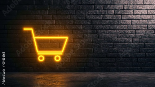 Neon shopping cart illuminated against a dark brick wall in a modern retail s...