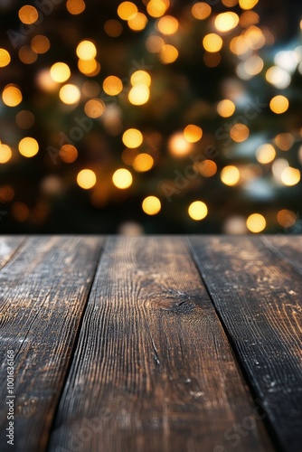Soft bokeh lights create a warm atmosphere over a rustic wooden table in a co...