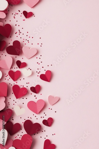 Colorful paper hearts scattered on a soft pink background for a festive celeb...